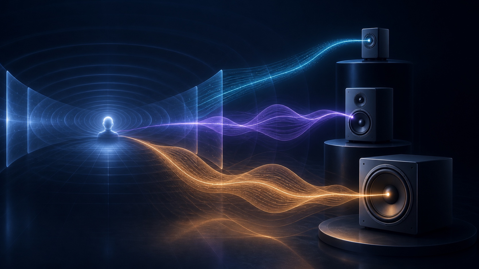 One listening field dividing into amber low, violet mid and cyan high paths for three speakers