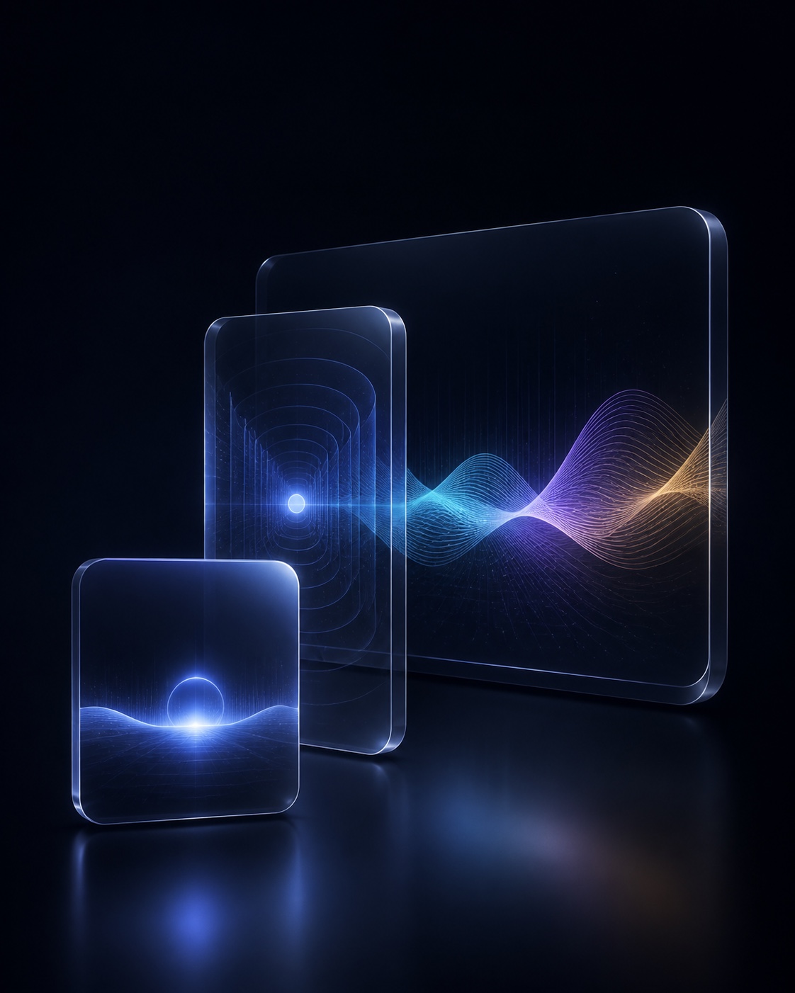 Three translucent NAGI sound instruments progressing from simple to precise