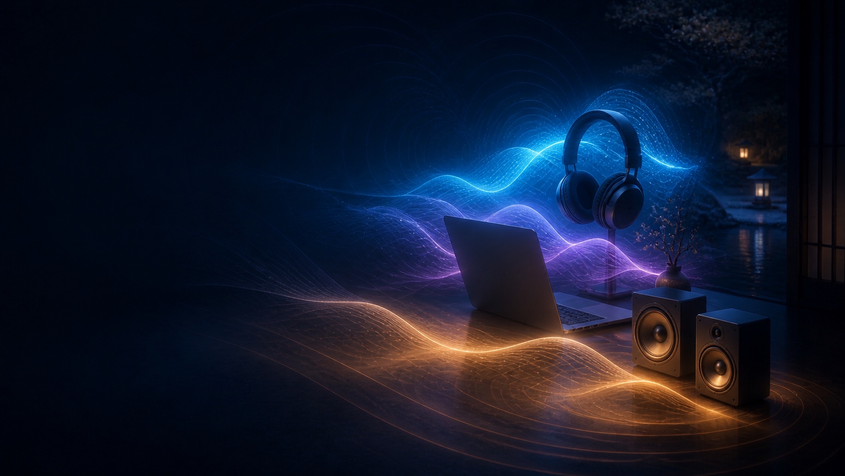 Cyan upper frequencies routed to headphones while amber bass is routed to desktop speakers