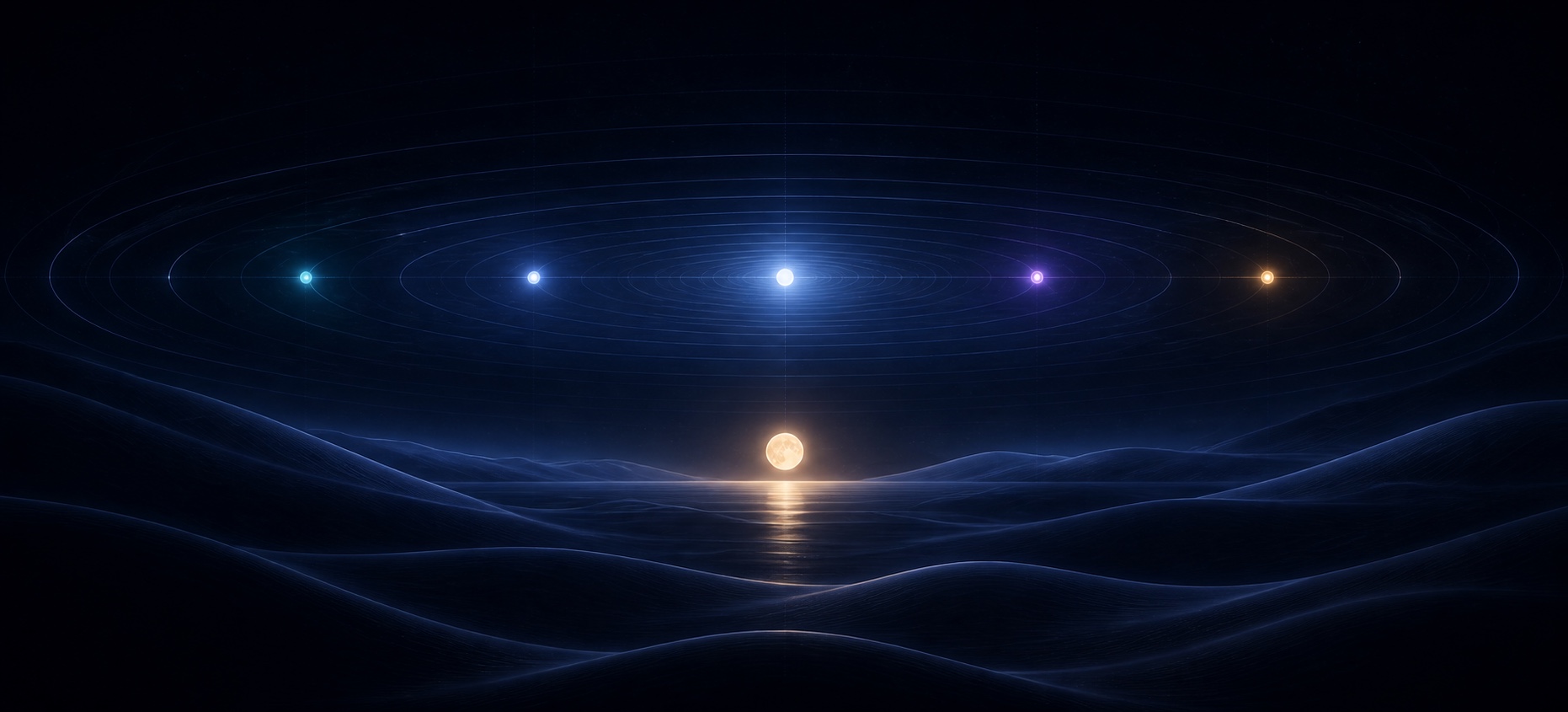An abstract panoramic NAGI sound field opening around a warm moon and five spectral points